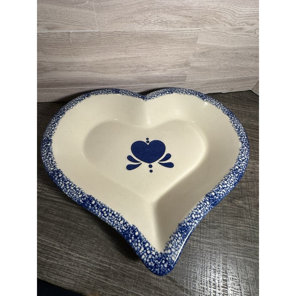 Vintage Chaparral Style Heart Shaped Pottery Pie Dish / Sponged Blue Rim